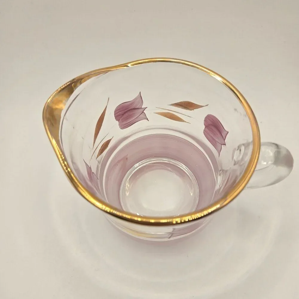 Vintage Glass Creamer Sugar Shaker Set Gold Rim Hand-Painted Purple Floral
